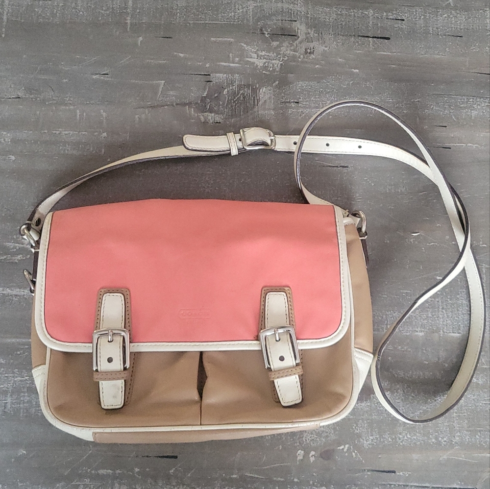 Coach Park F23383 Coral Pink Tan Colorblock Leather Flap Crossbody Bag Purse